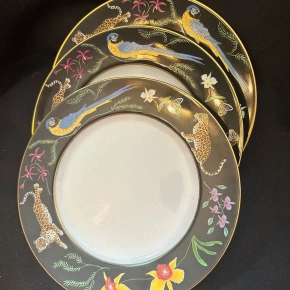 3 pc Lynn Chase Jaguar Jungle Plates with 24K Gold Detailing 8” - Picture 3 of 4